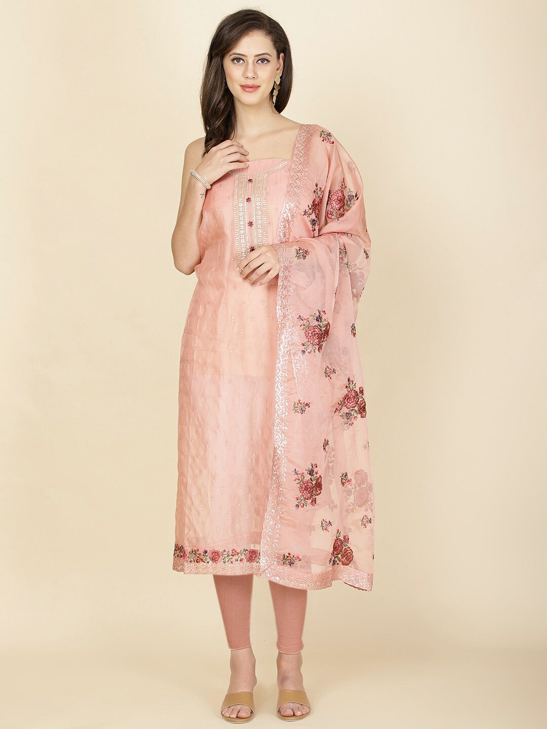 

Meena Bazaar Embroidered Organza Unstitched Dress Material, Peach