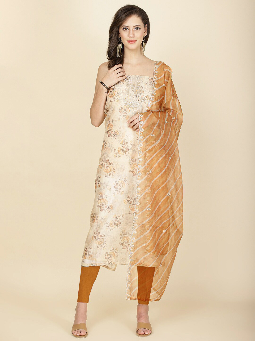 

Meena Bazaar Printed Organza Unstitched Dress Material, Beige