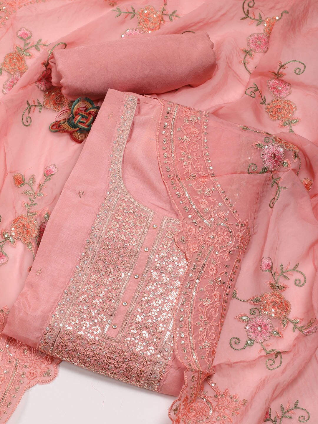 

Meena Bazaar Embroidered Art Silk Unstitched Dress Material, Pink