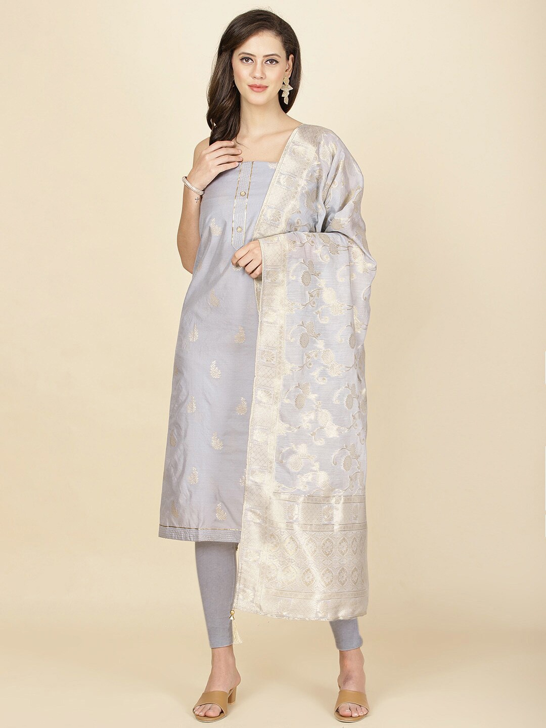 

Meena Bazaar Floral Woven Design Unstitched Dress Material, Grey