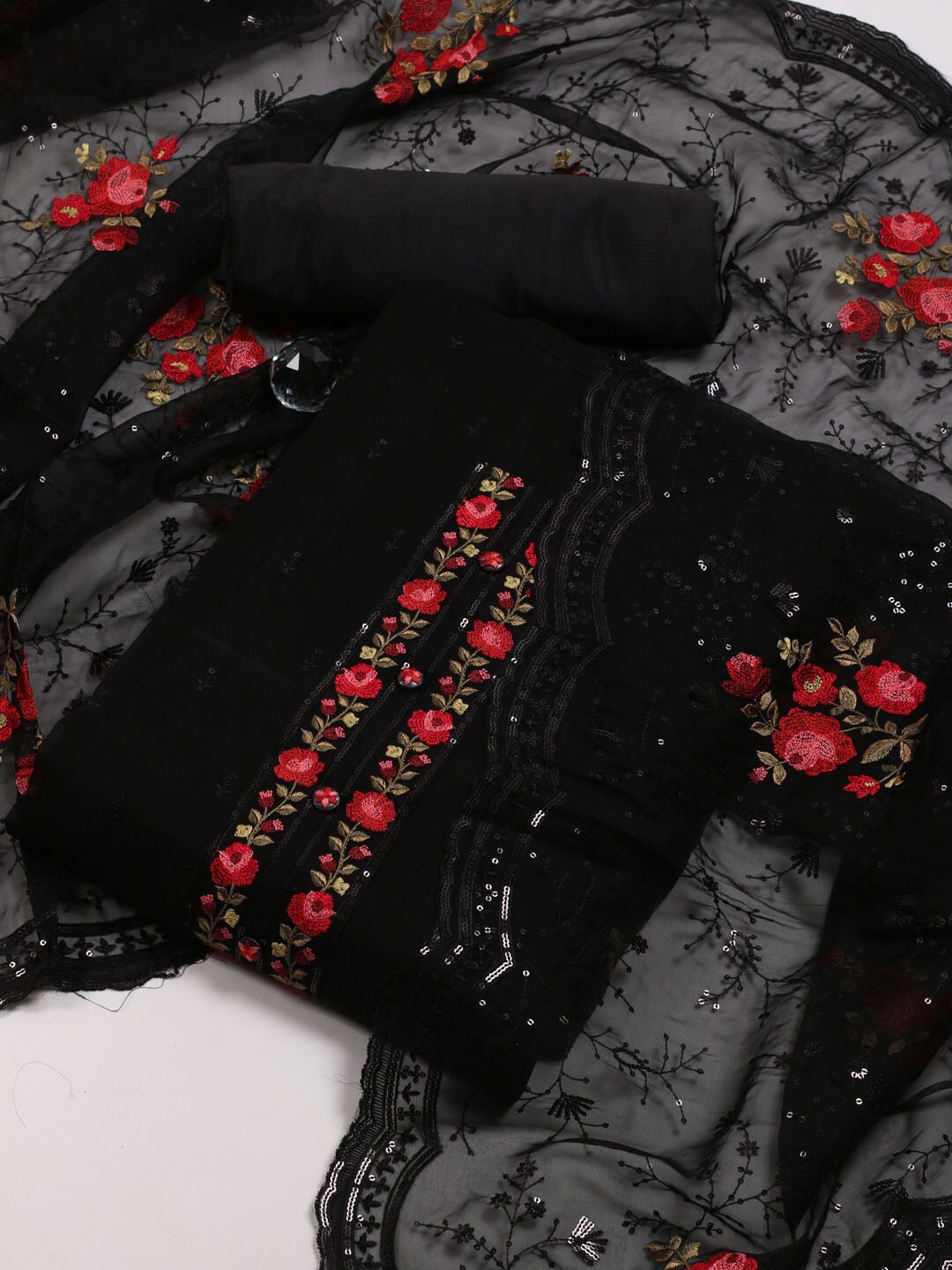 

Meena Bazaar Floral Embroidered Organza Unstitched Dress Material, Black