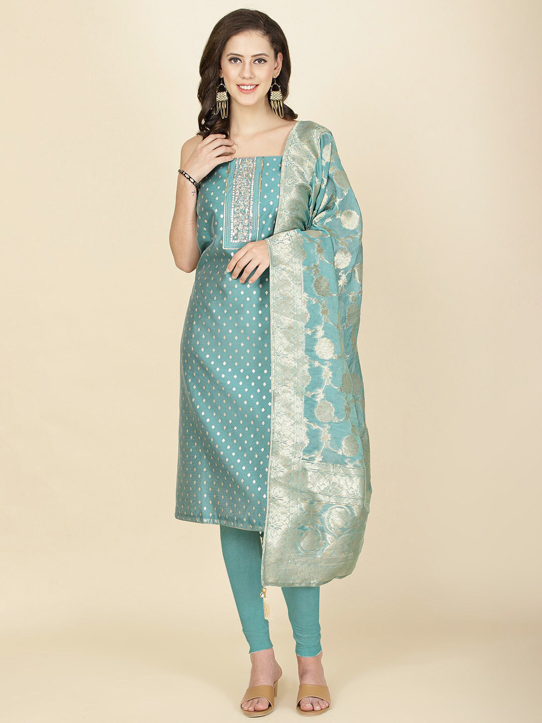 

Meena Bazaar Woven Design Unstitched Dress Material, Sea green