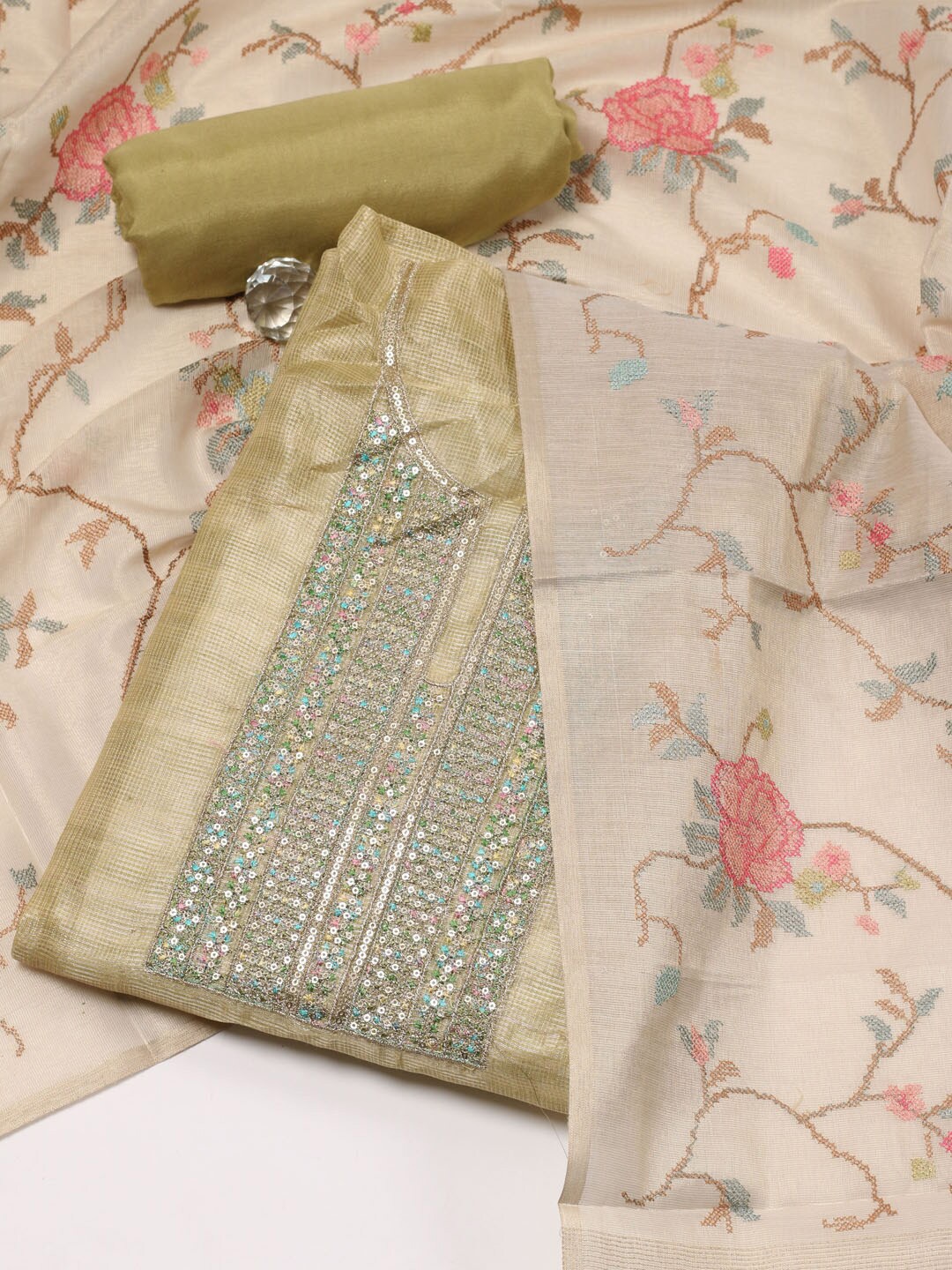 

Meena Bazaar Ethnic Motifs Embroidered Unstitched Dress Material, Green
