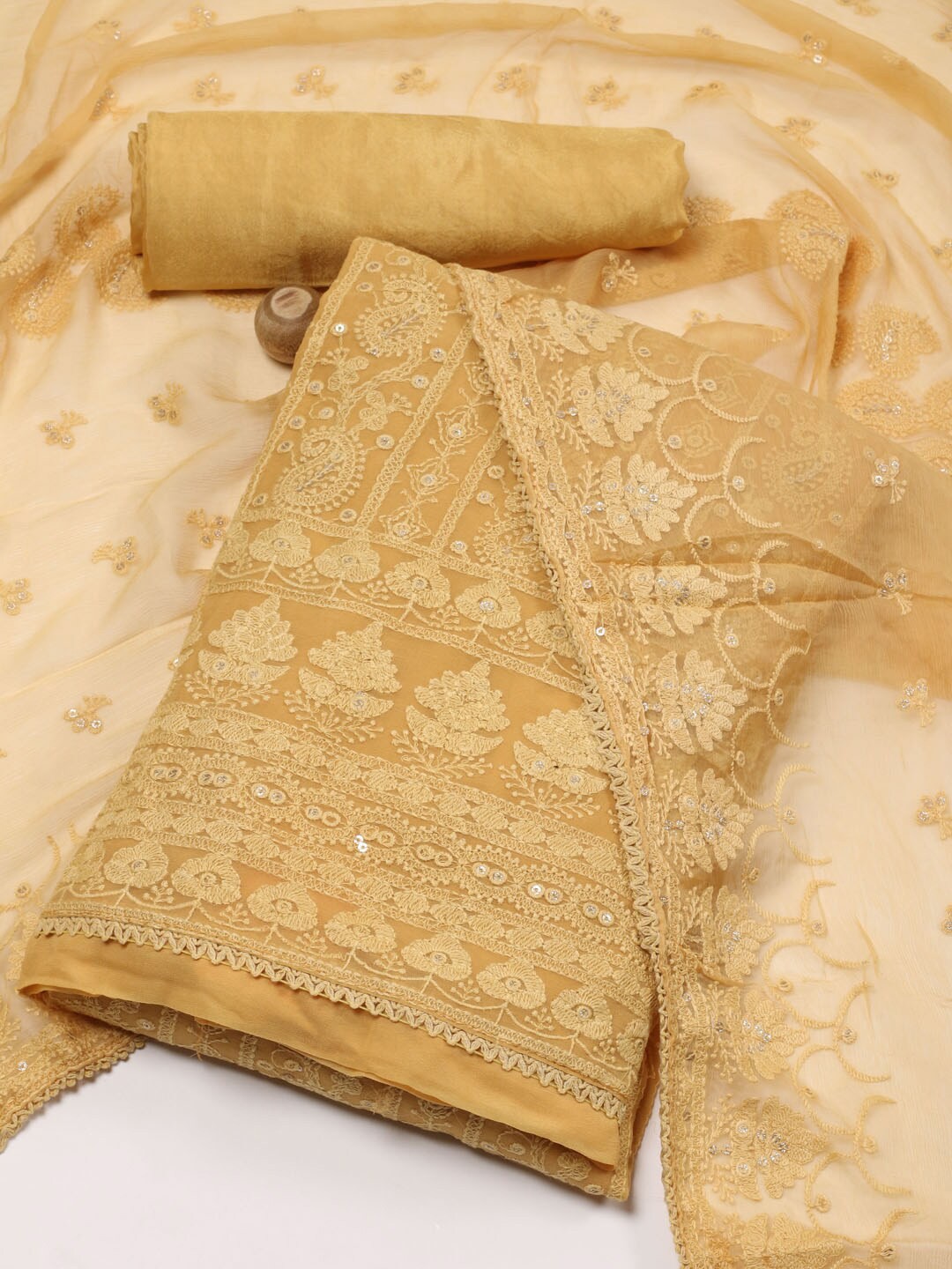 

Meena Bazaar Floral Embroidered Zari Unstitched Dress Material, Mustard