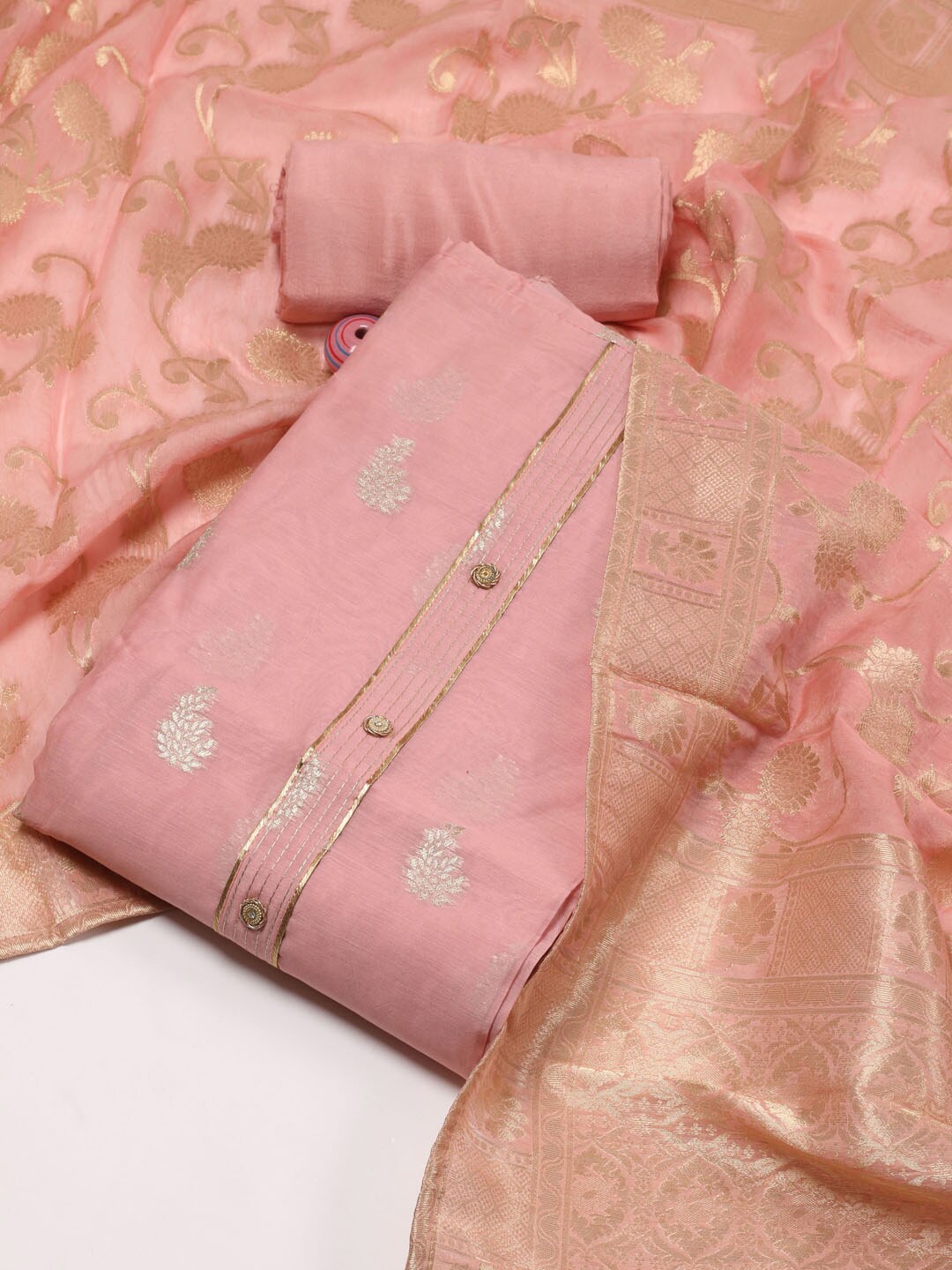 

Meena Bazaar Ethnic Motifs Woven Design Art Silk Unstitched Dress Material, Peach
