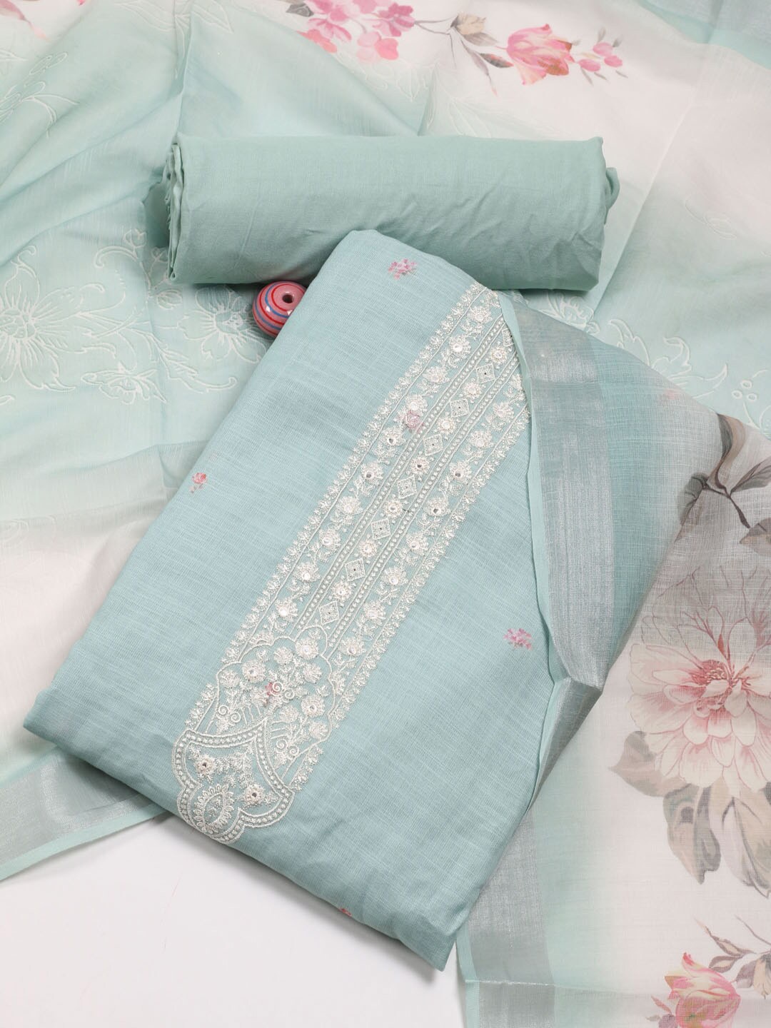 

Meena Bazaar Ethnic Motifs Printed Linen Unstitched Dress Material, Sea green