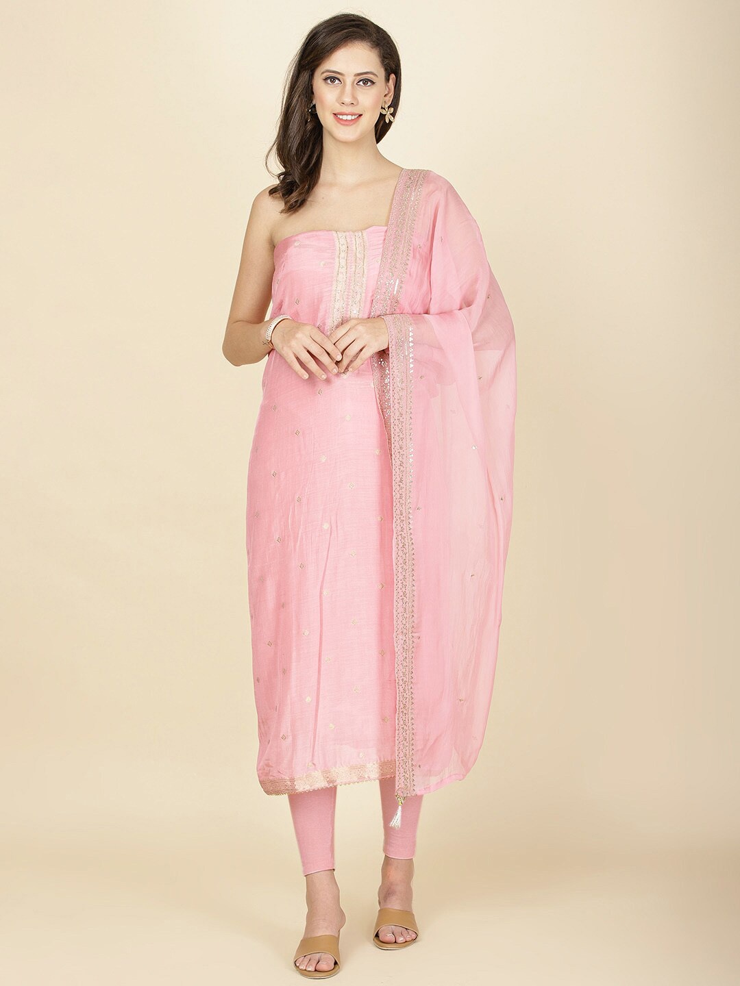 

Meena BazaarEthnic Motifs Woven Design Beads and Stones Unstitched Dress Material, Pink