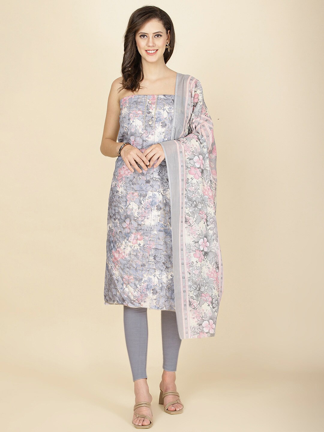 

Meena Bazaar Floral Printed Unstitched Dress Material, Grey