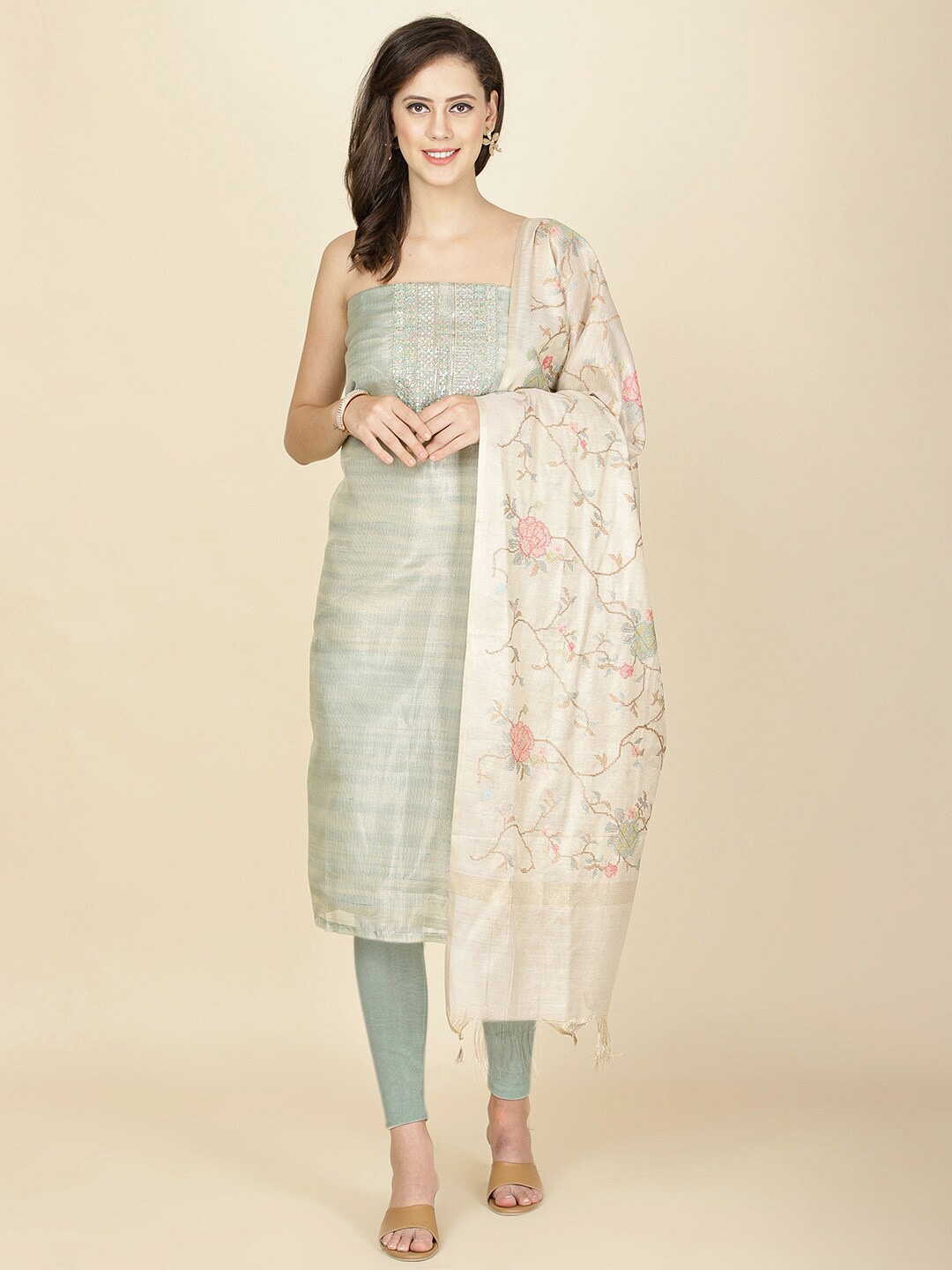 

Meena Bazaar Embroidered Art Silk Unstitched Dress Material, Green