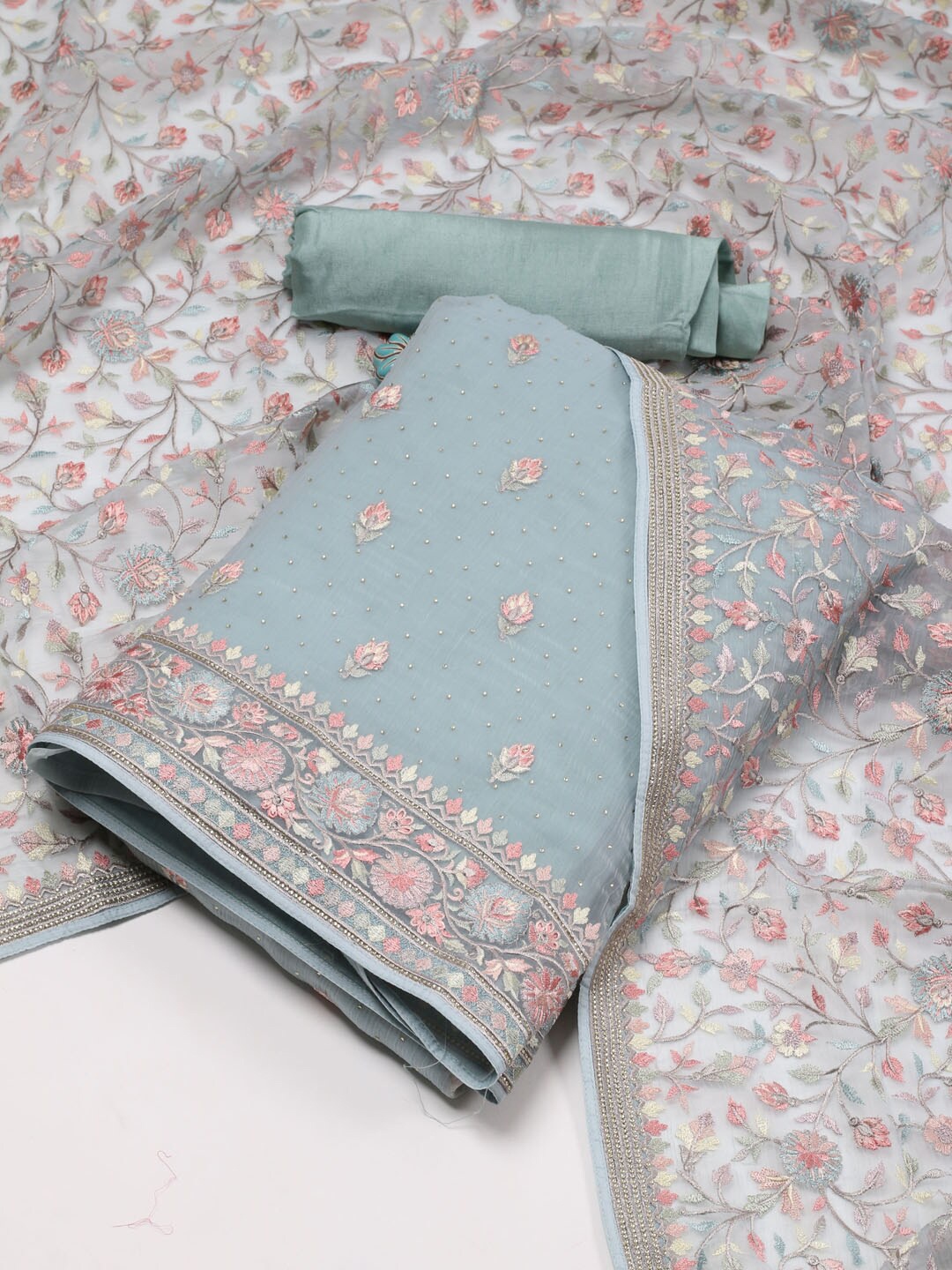 

Meena Bazaar Floral Embroidered Beads and Stones Unstitched Dress Material, Blue