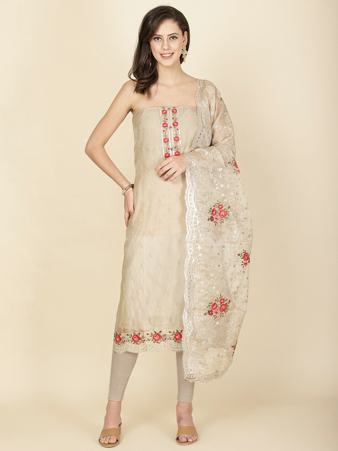 

Meena Bazaar Floral Embroidered Sequinned Organza Unstitched Dress Material, Beige