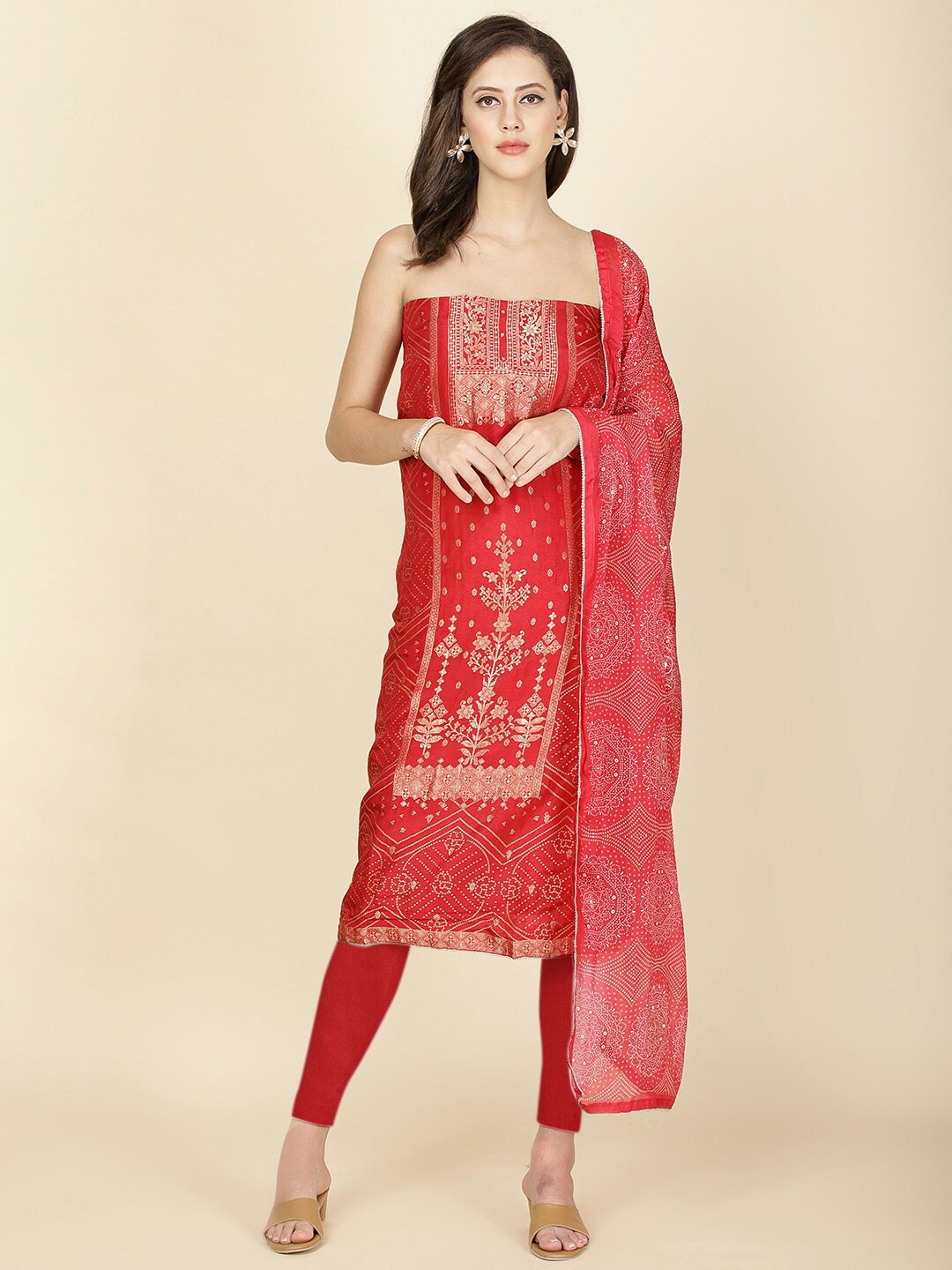 

Meena Bazaar Floral Woven Design Unstitched Dress Material, Red