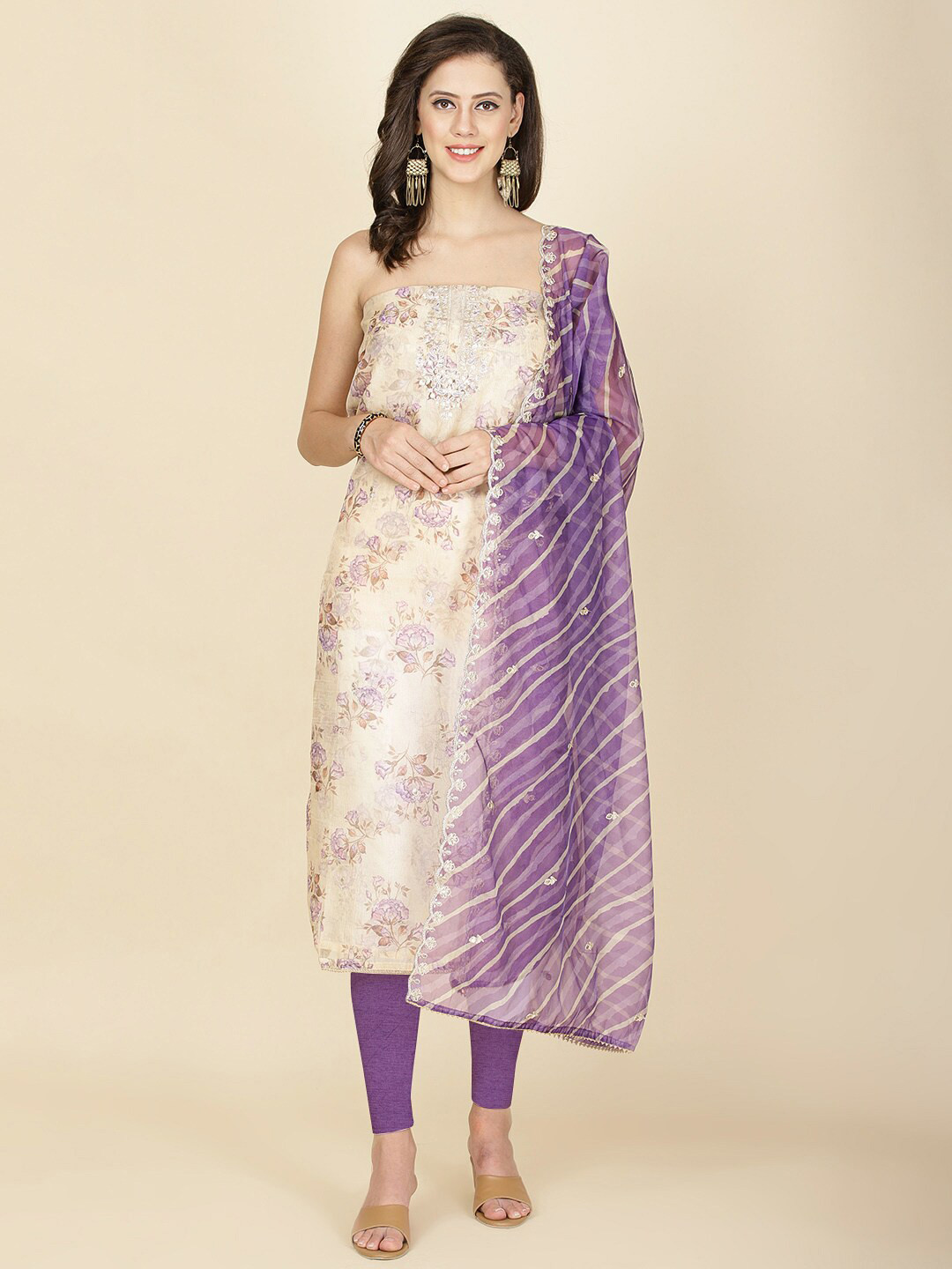 

Meena Bazaar Ethnic Motifs Printed Gotta Patti Organza Unstitched Dress Material, Beige