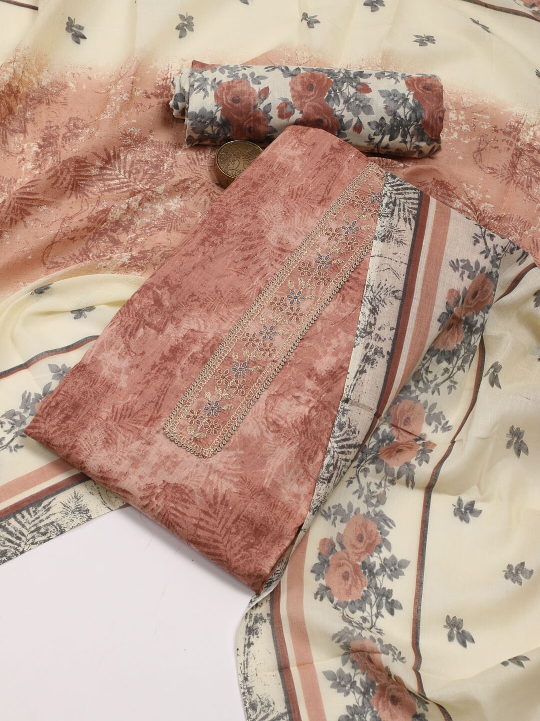 

Meena Bazaar Floral Printed Unstitched Dress Material, Peach