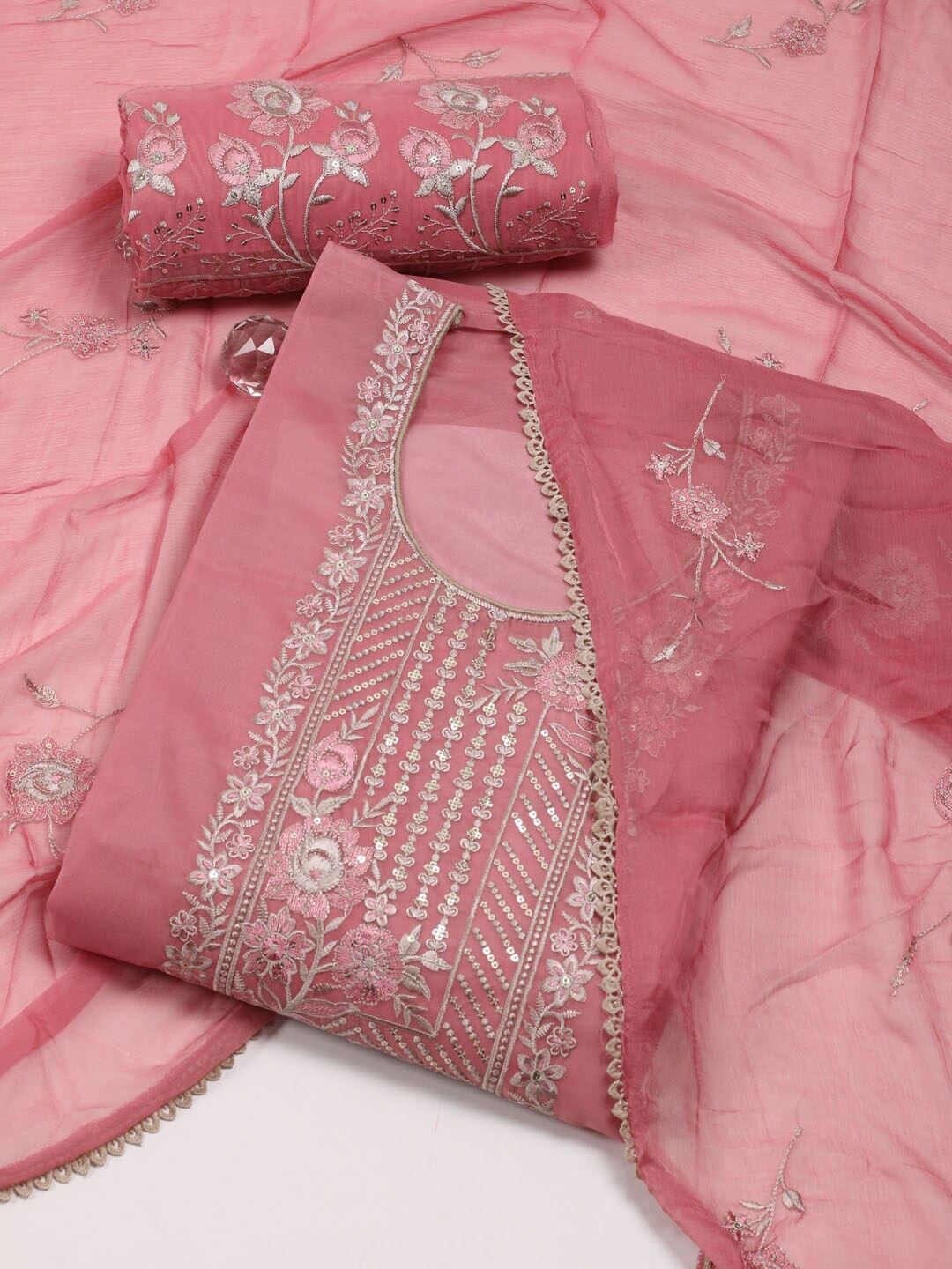 

Meena Bazaar Embroidered Organza Unstitched Dress Material, Pink