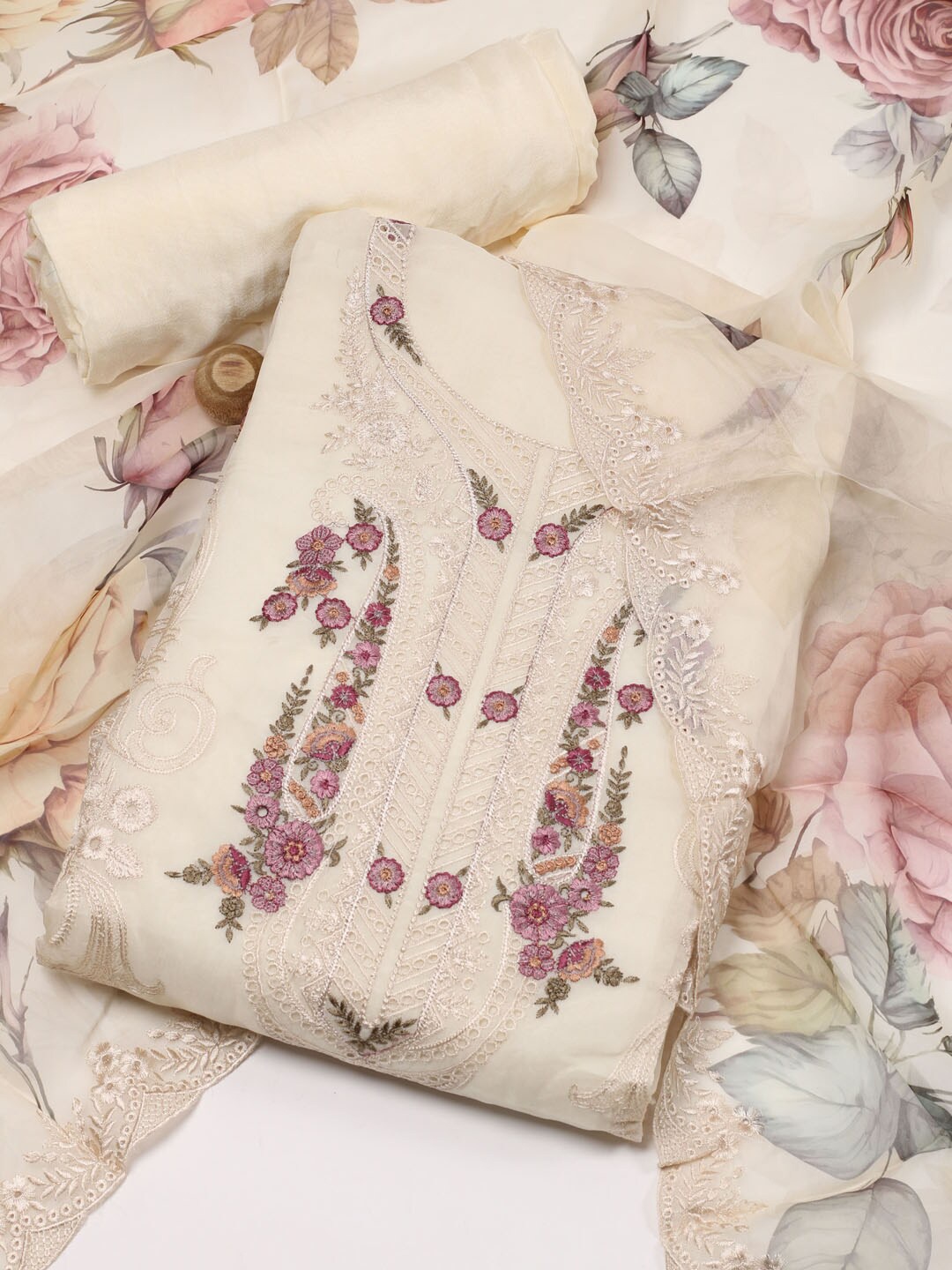 

Meena Bazaar Embroidered Organza Unstitched Dress Material, Cream