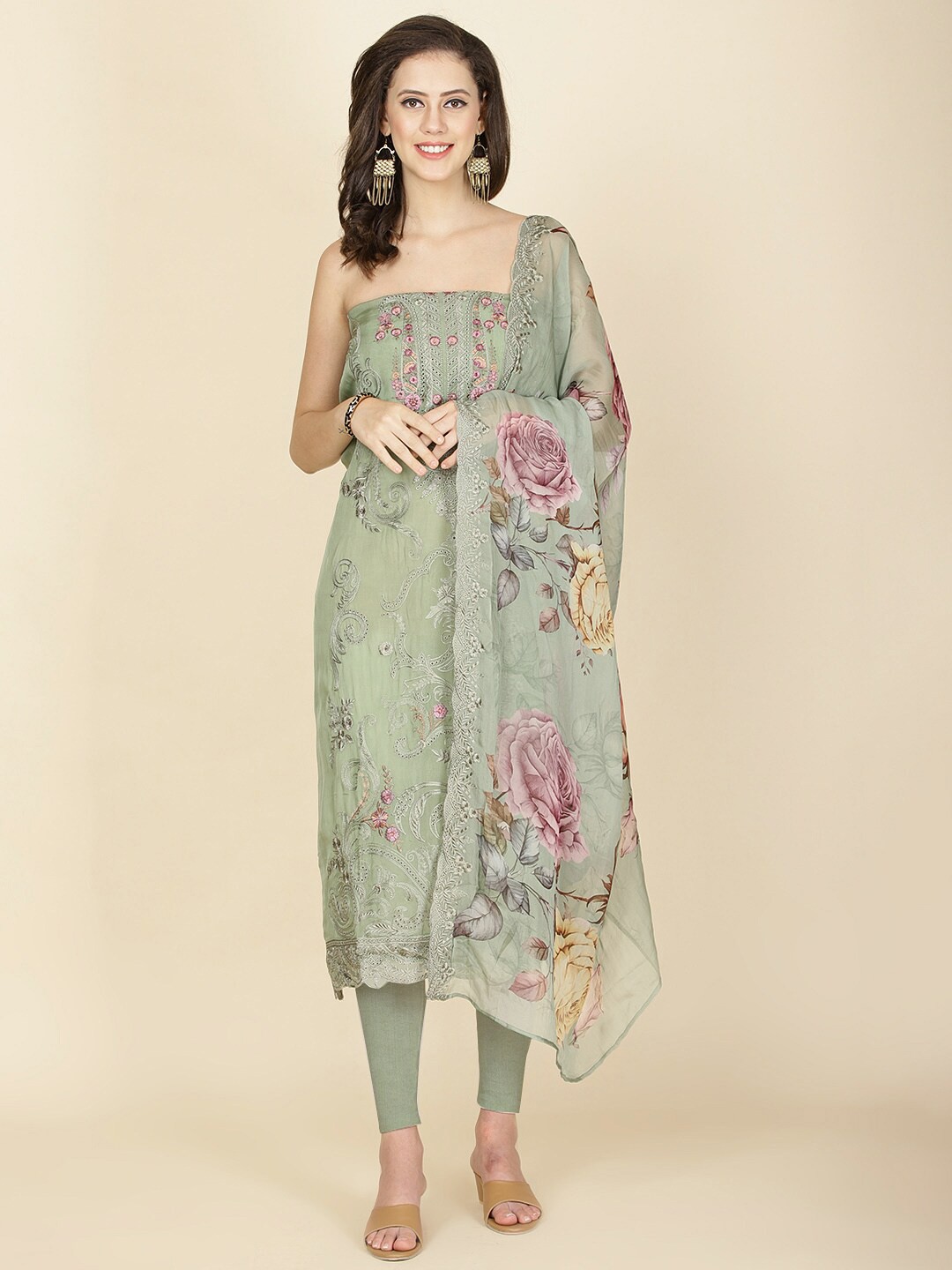 

Meena Bazaar Floral Embroidered Mirror Work Organza Unstitched Dress Material, Green