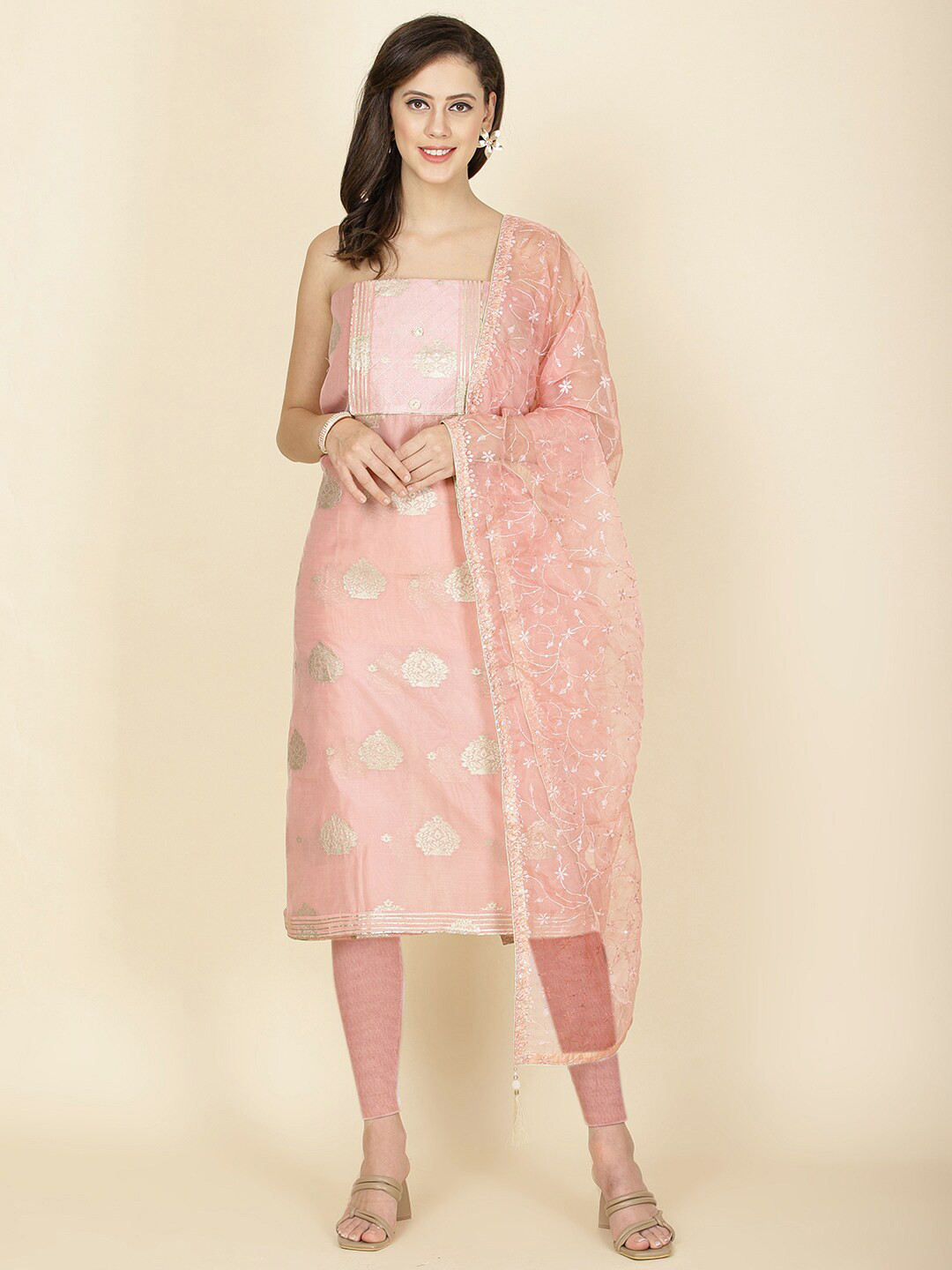 

Meena Bazaar Floral Woven Design Zari Art Silk Unstitched Dress Material, Pink