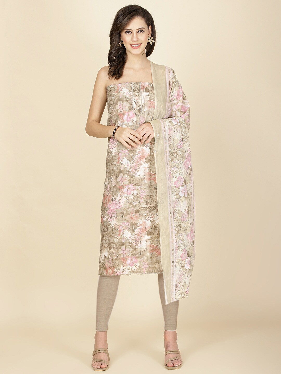 

Meena Bazaar Floral Printed Unstitched Dress Material, Beige