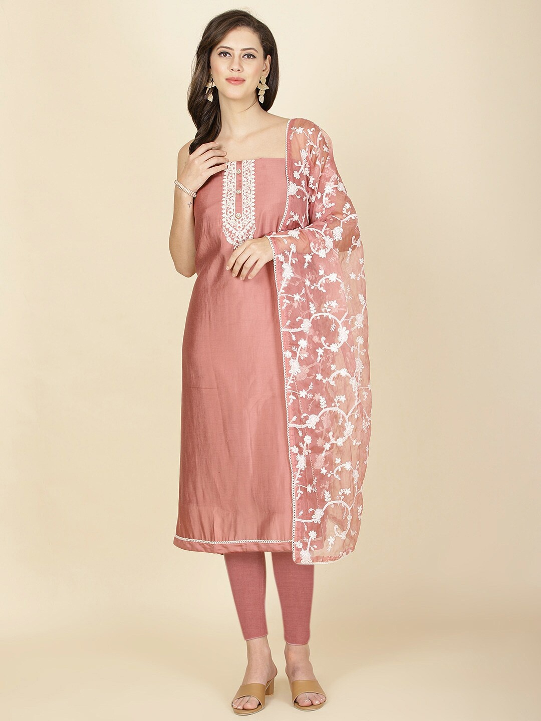 

Meena Bazaar Floral Embroidered Art Silk Unstitched Dress Material, Rust