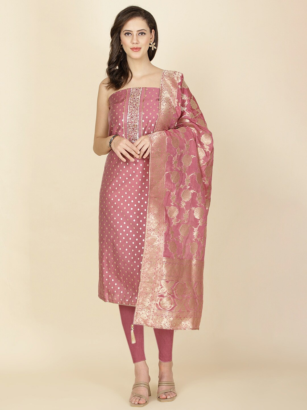 

Meena Bazaar Ethnic Motifs Woven Design Unstitched Dress Material, Pink