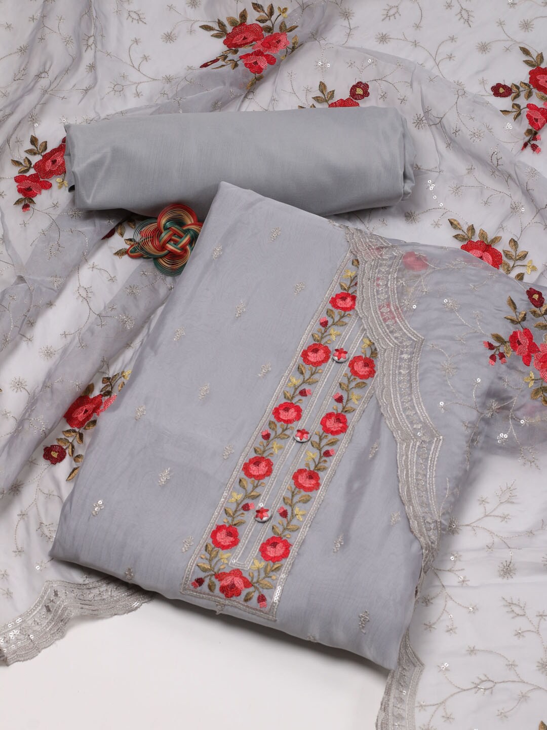 

Meena Bazaar Embroidered Organza Unstitched Dress Material, Grey