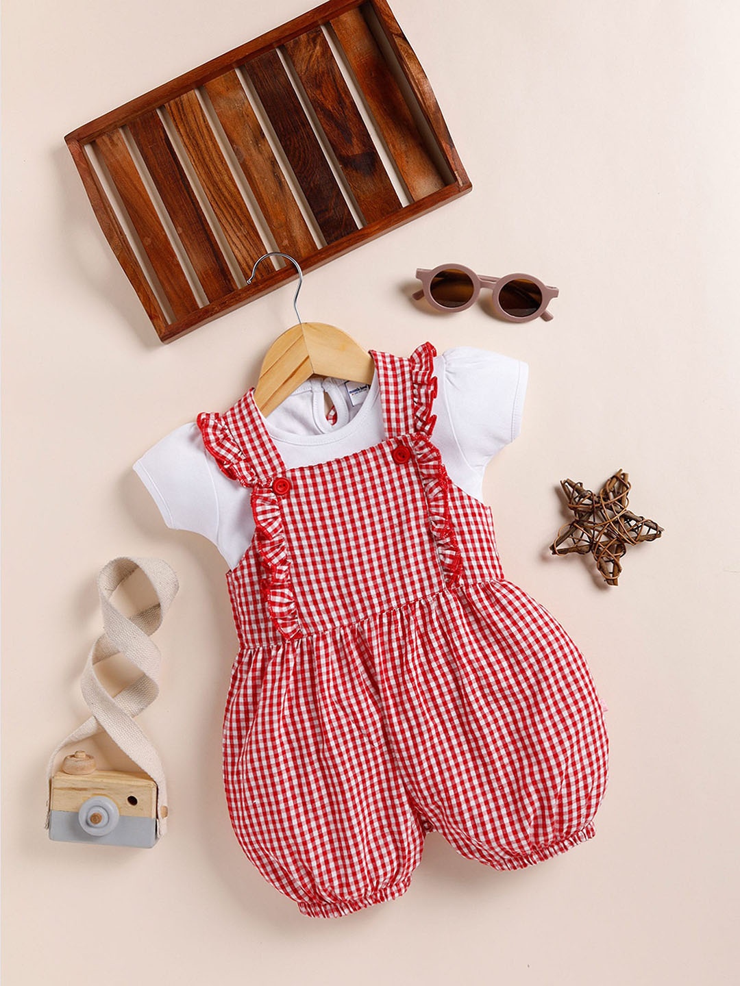 

Moms Love Infant Girls Checked Straight Fit Cotton Dungarees With Top, Red