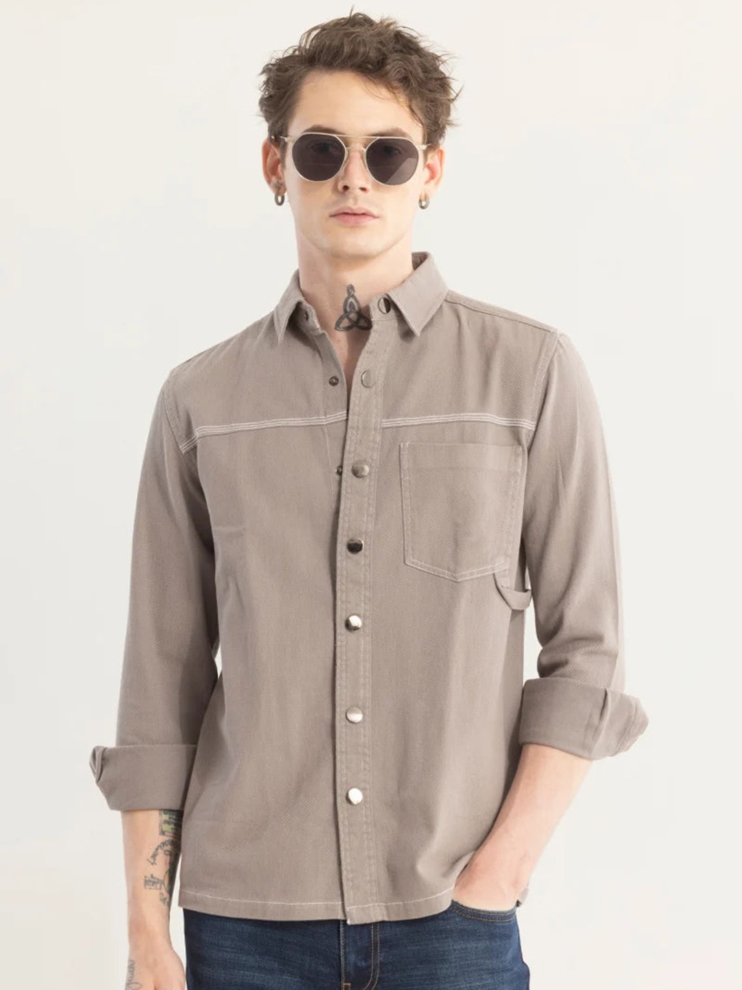 

Snitch Beige Classic Slim Fit Spread Collar Casual Shirt