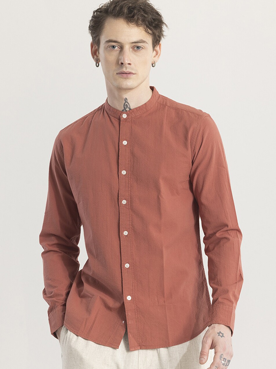 

Snitch Brown Classic Slim Fit Mandarin Collar Casual Shirt
