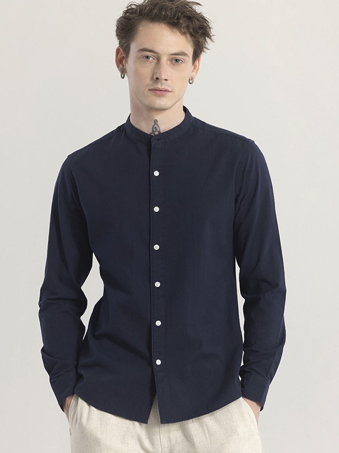

Snitch Classic Navy Blue Mandarin Collar Slim Fit Cotton Casual Shirt