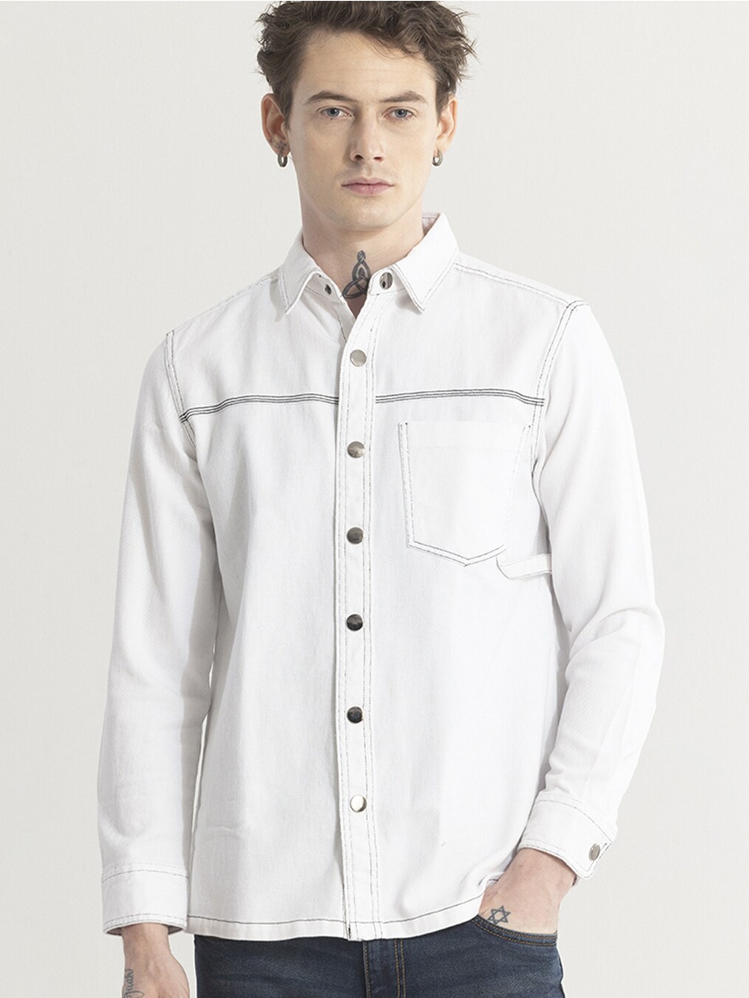 

Snitch Classic Slim Fit Long Sleeves Spread Collar Opaque Casual Shirt, White