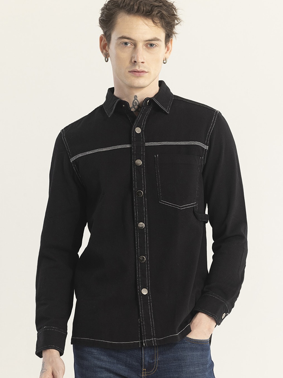 

Snitch Classic Black Slim Fit Spread Collar Cotton Casual Shirt