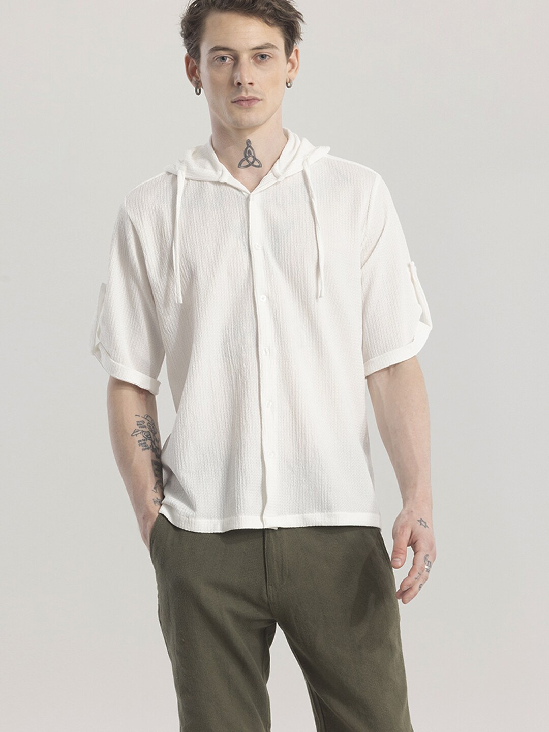 

Snitch Roll-Up Sleeves Front-Open Hooded Sweatshirt, Off white
