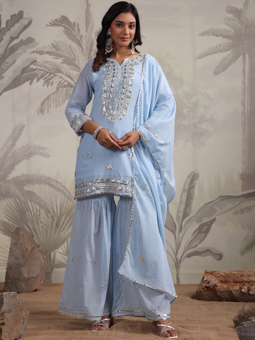 

KAJREE Embroidered Regular Mukaish Kurta with Sharara & With Dupatta, Blue