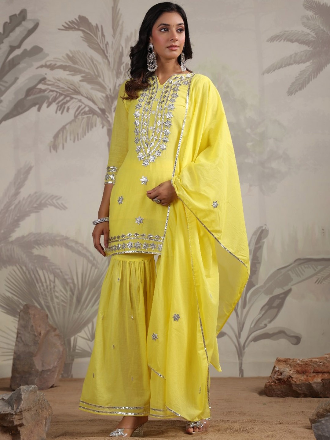 

KAJREE Ethnic Motifs Embroidered Regular Mukaish Straight Kurta with Sharara & Dupatta, Yellow