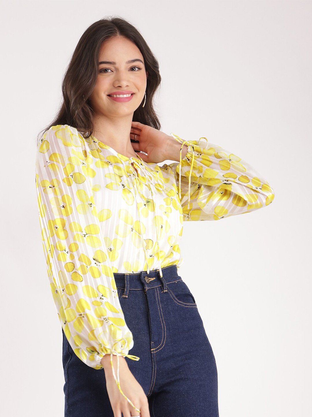 

FableStreet Floral Printed Tie-up Top, Yellow