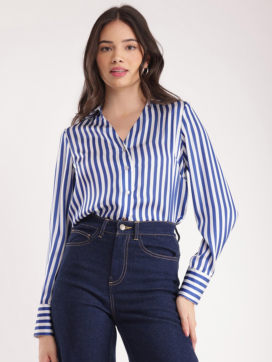 

FableStreet Striped Satin Casual Shirt, Blue