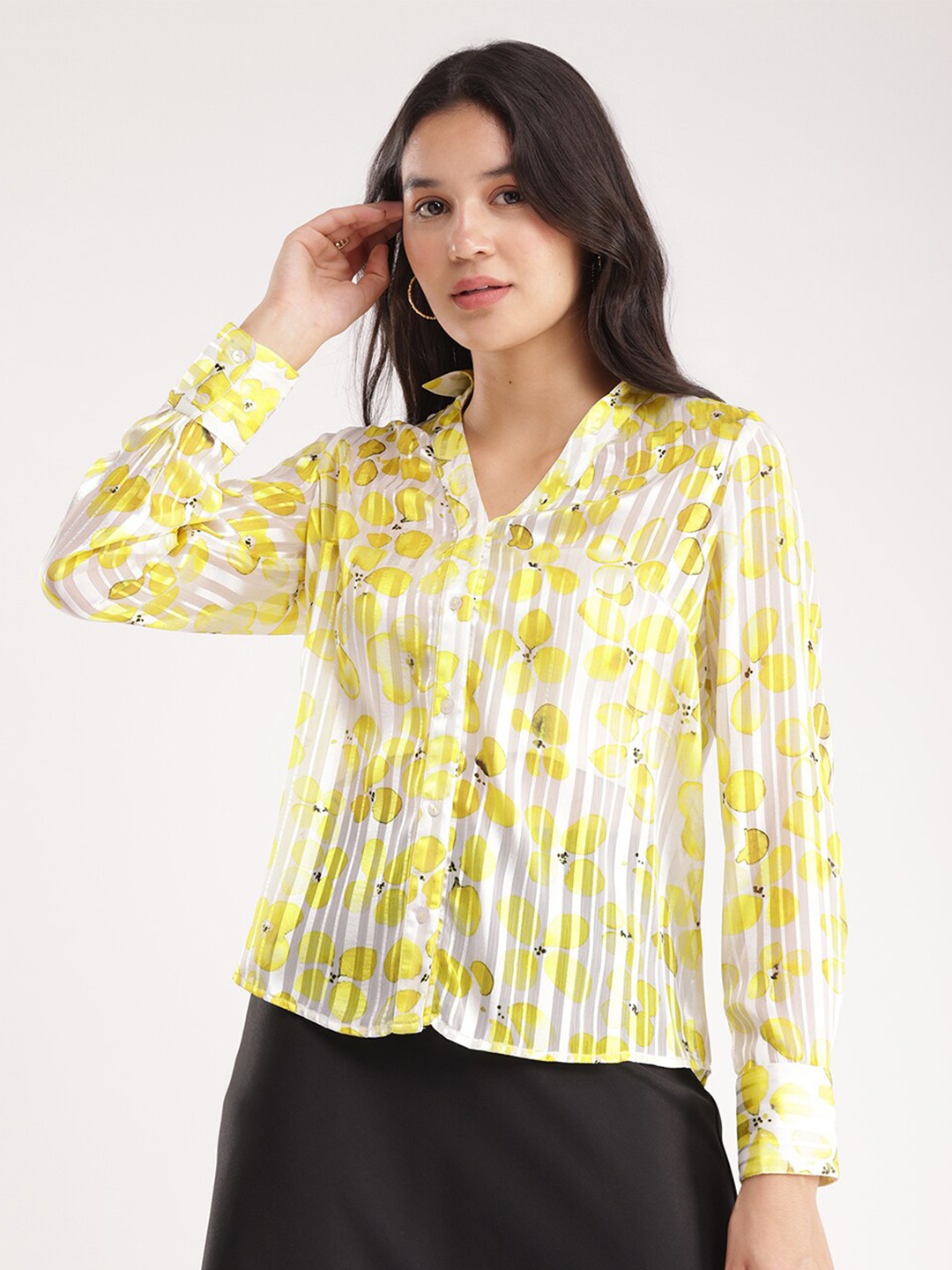 

FableStreet Comfort Fit Floral Printed Satin Shirt, Yellow