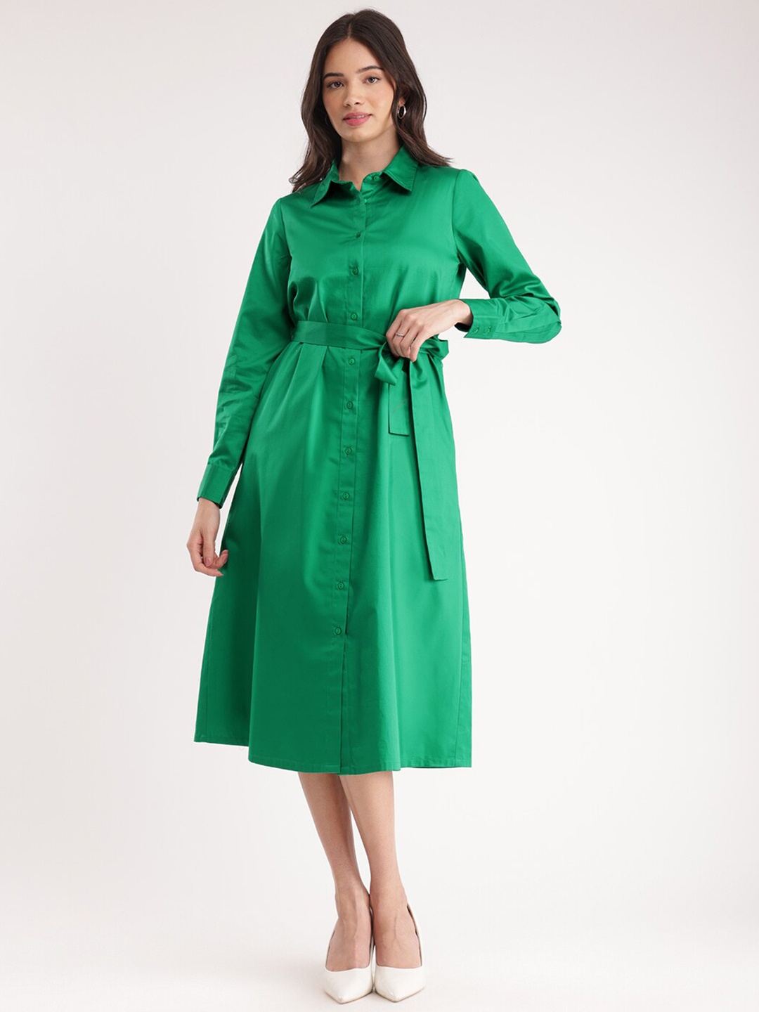 

FableStreet Cotton Cuffed Sleeves Shirt Midi Dress, Green