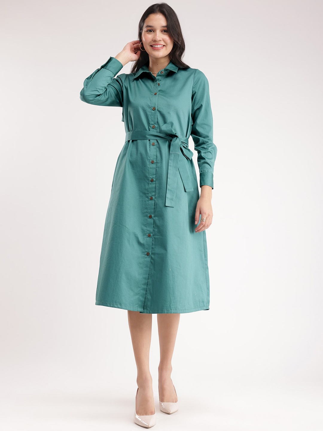 

FableStreet Cuffed Sleeves Cotton Satin Shirt Midi Dress, Teal