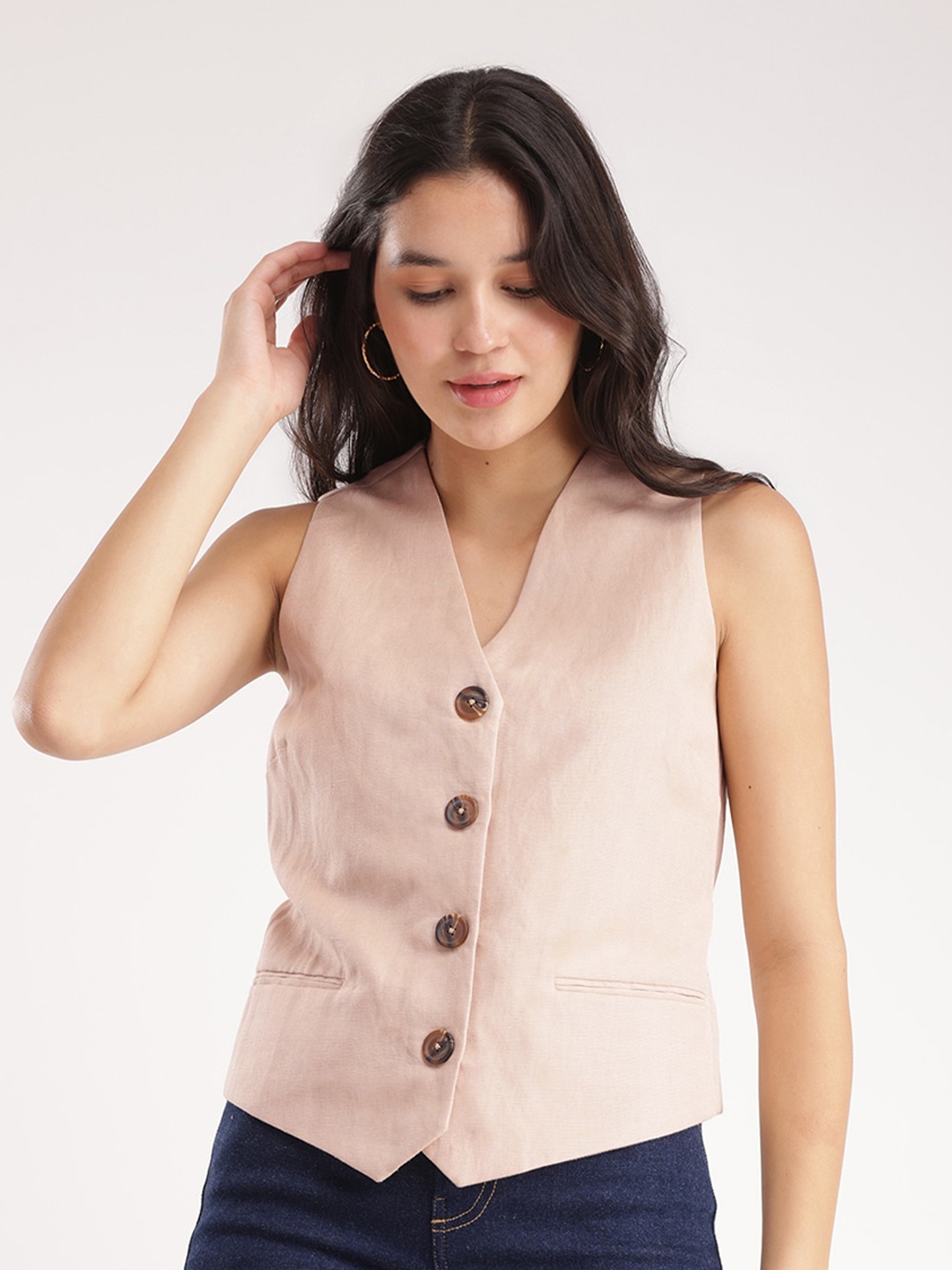 

FableStreet V-Neck Linen Waistcoat, Beige