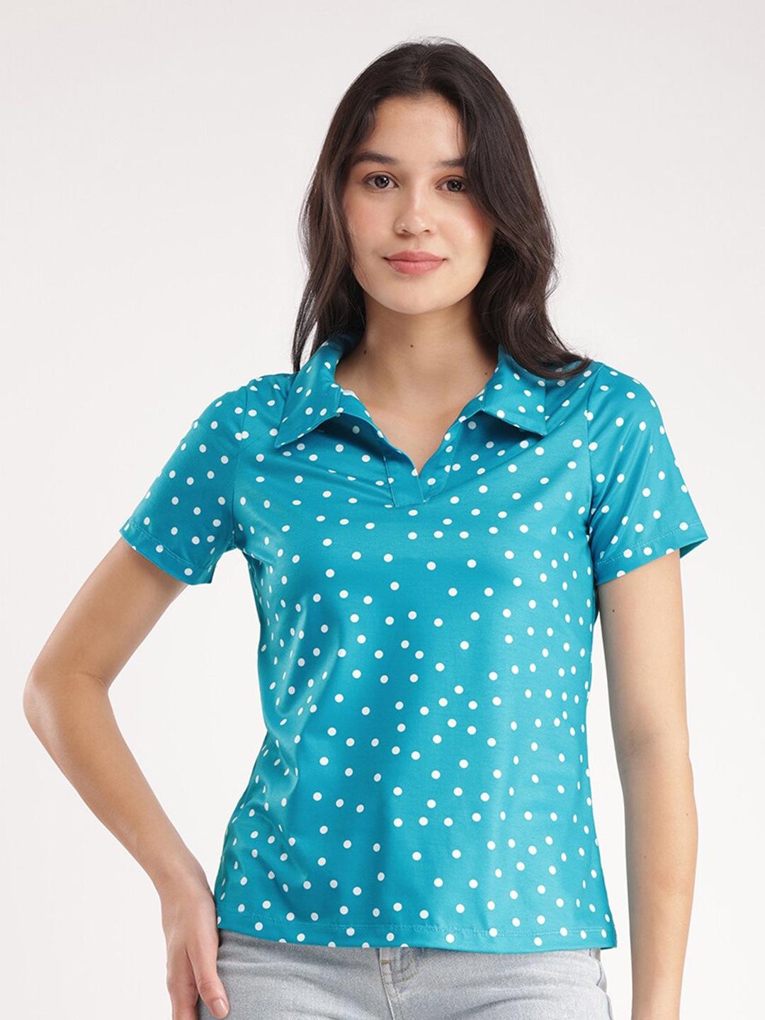 

FableStreet Women Polka Dot Printed Polo Collar T-shirt, Blue