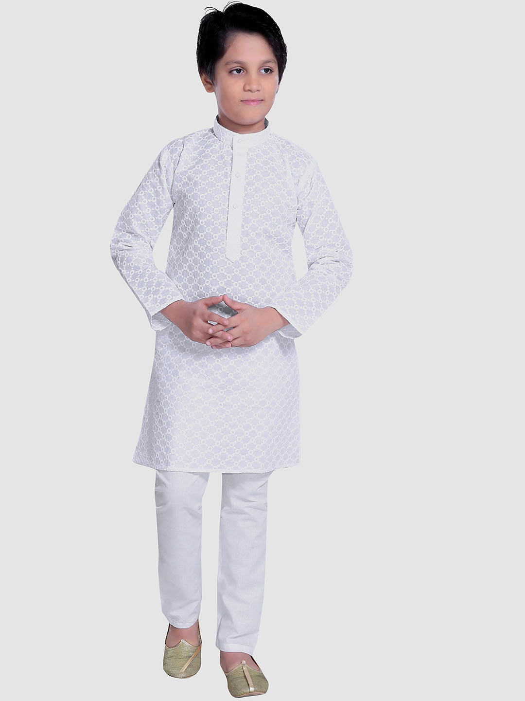 

Baba & Baby Boys Ethnic Motifs Band Collar Chikankari Cotton Kurta with Churidar, White