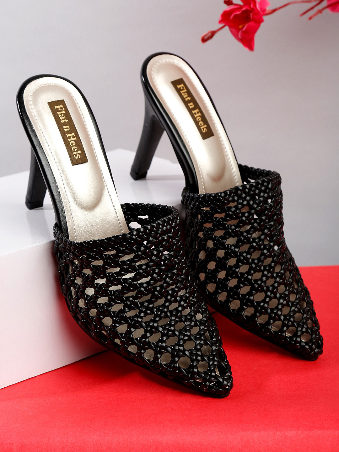 

Flat n Heels Textured Pointed Toe Slim Heeled Mules, Black