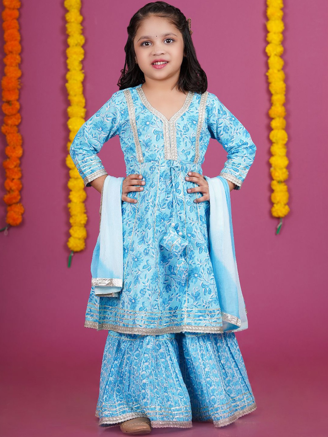 

Stuffie Land Girls Floral Printed Gotta Patti Pure Cotton Kurta with Sharara & Dupatta, Blue