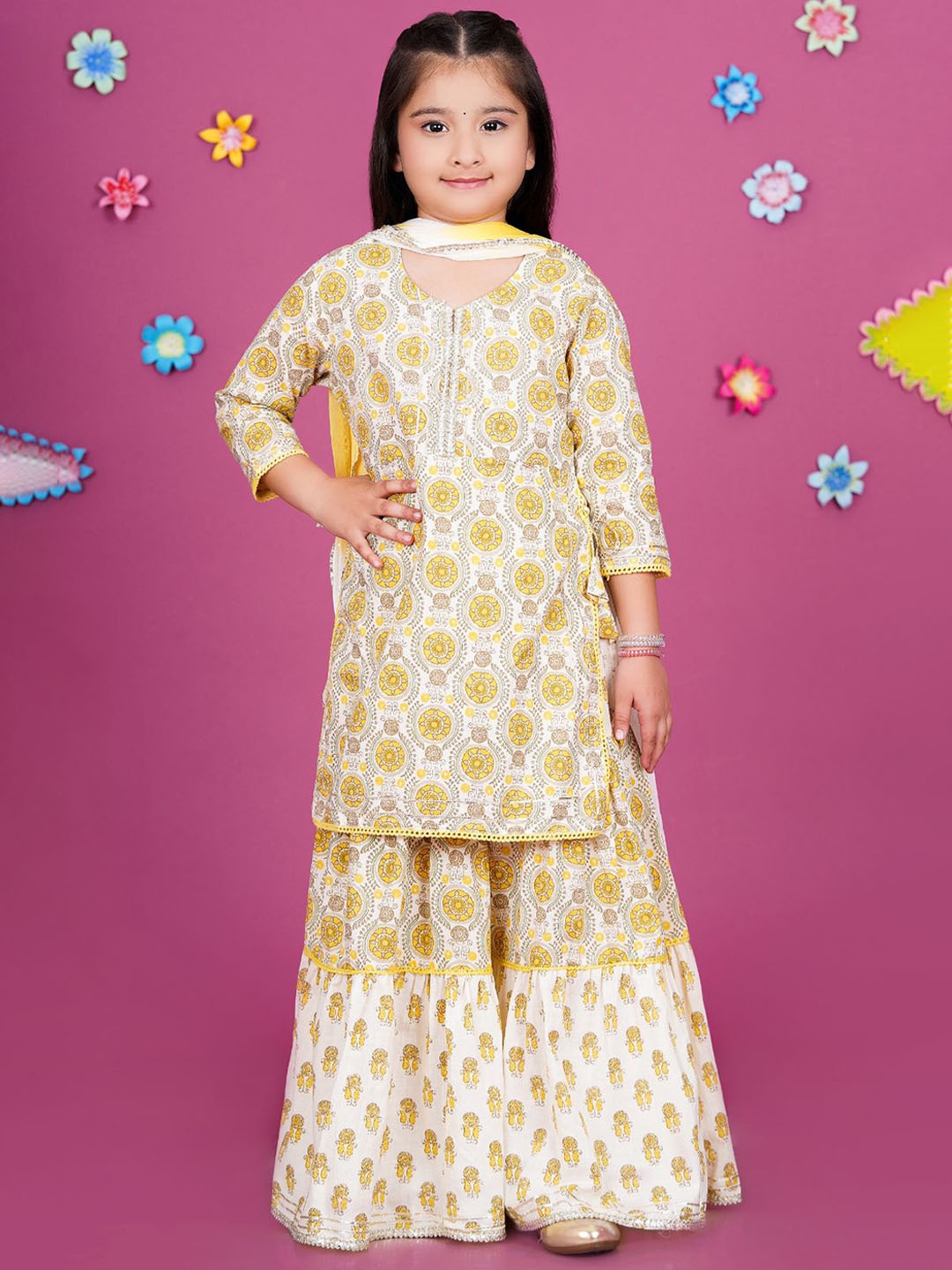 

Stuffie Land Girls Printed Regular Gotta Patti Pure Cotton Kurta with Sharara & Dupatta, Yellow