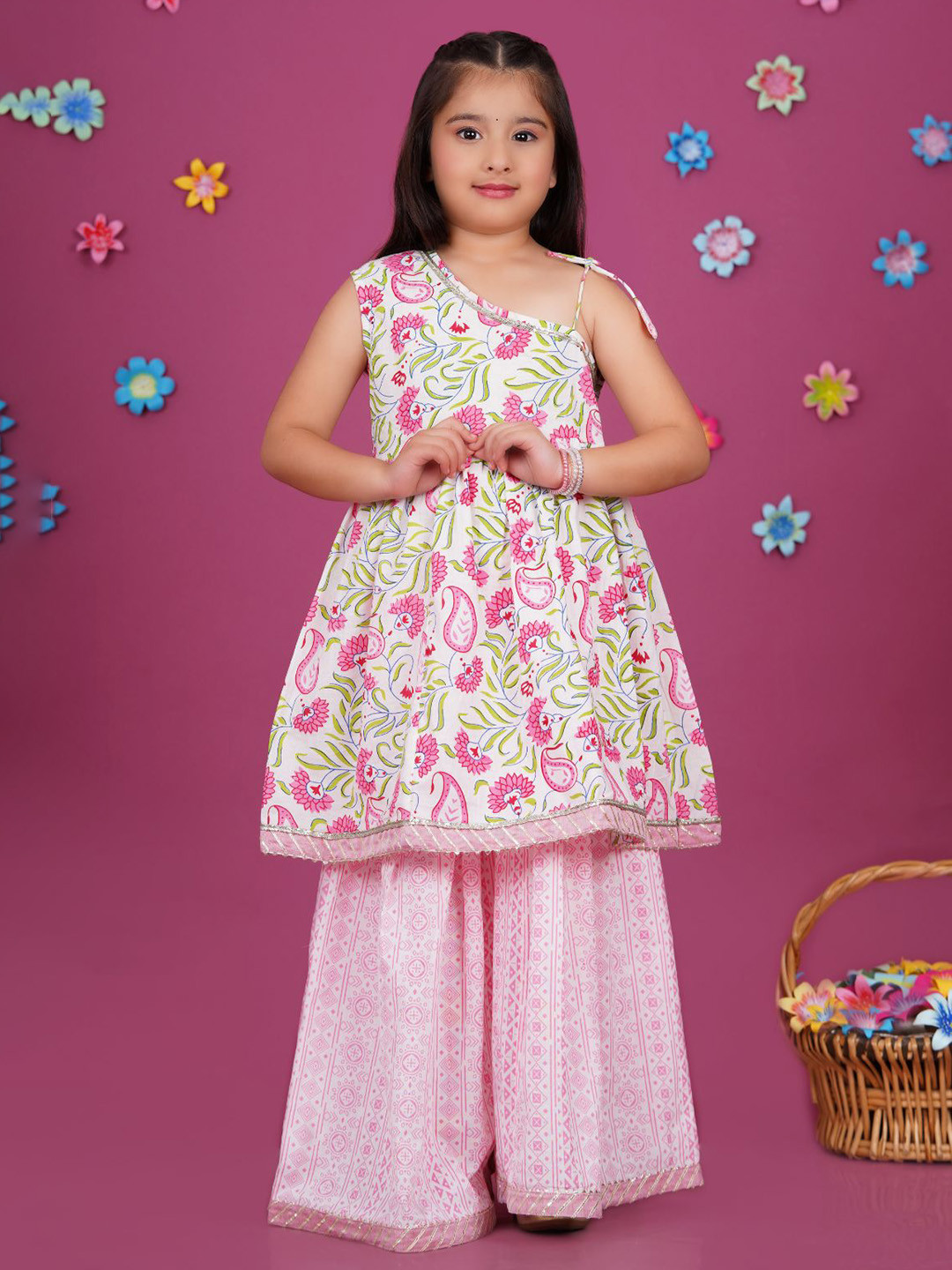 

Stuffie Land Girls Printed Gotta Patti Pure Cotton Kurta with Sharara & Dupatta, Pink
