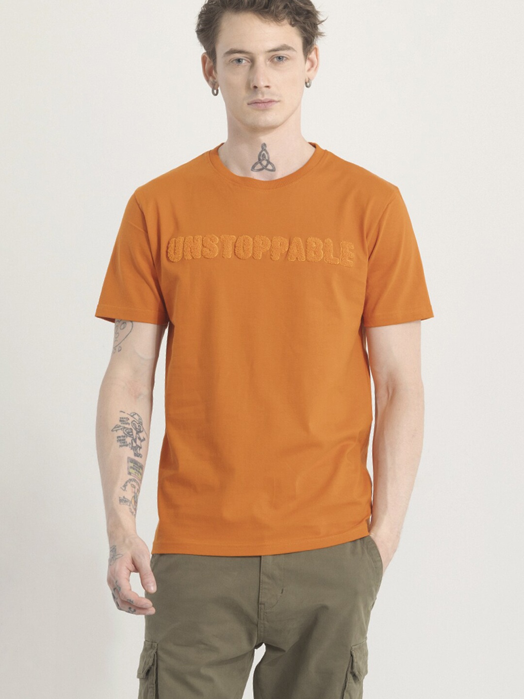 Snitch Orange Embroidered Slim Fit Cotton T-shirt
