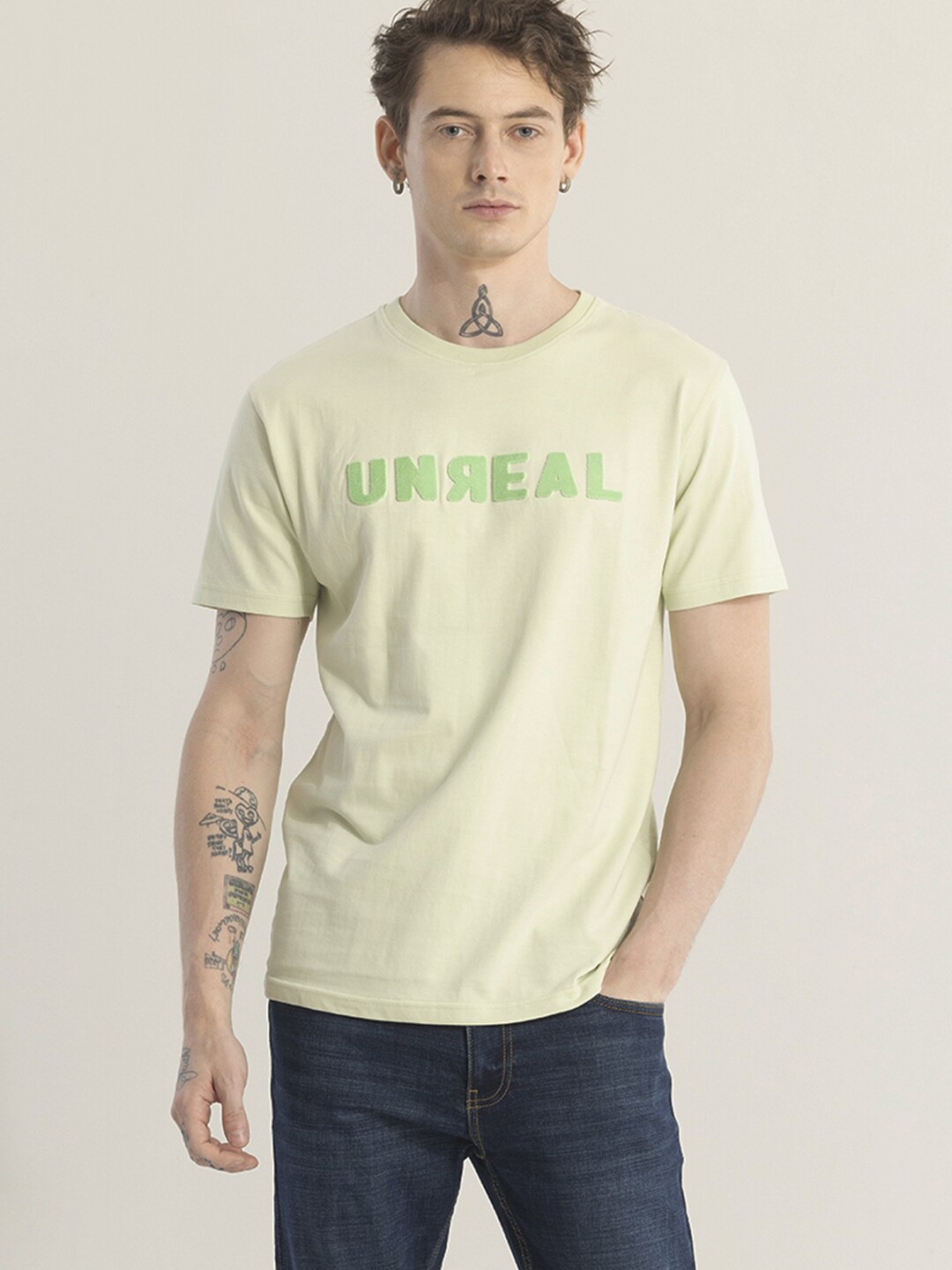 Snitch Lime Green Typography Printed Slim Fit Cotton T-shirt