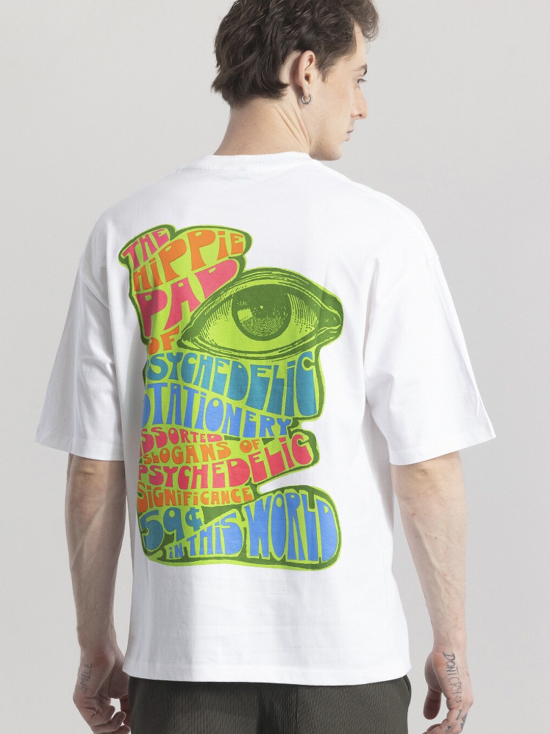 Snitch White Typography Printed Oversized Cotton T-shirt